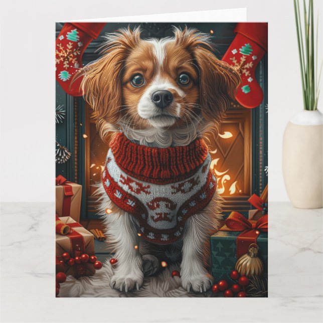Cartão Cão Terrier Tibetano com Presentes de Natal na Lar (Frente)