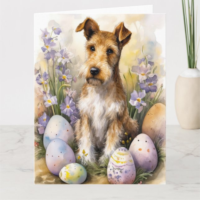 Cartão Cão Terrier Wirefox Com Ovos de Páscoa Feriado (Frente)