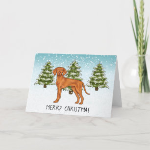 Cartão Cão Vizsla Húngaro Floresta de Inverno Nevada e Te