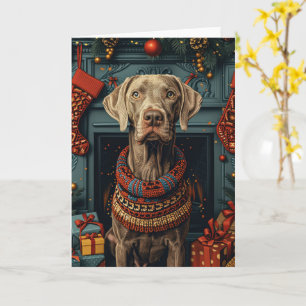 Cartão Cão Weimaraner Com Presentes De Natal Lareira 