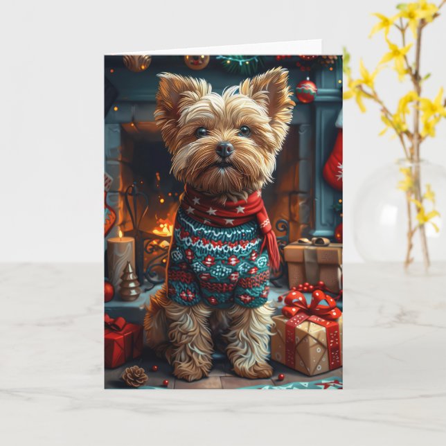 Cartão Cão Yorkipoo com Presentes de Natal Lareira (Flor Amarela)
