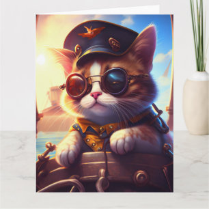 Cartão Capitão Gato do Navio Pirata Steampunk