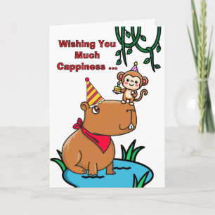 Cartão Cappy Birthday Cute Capybara e Monkey Card