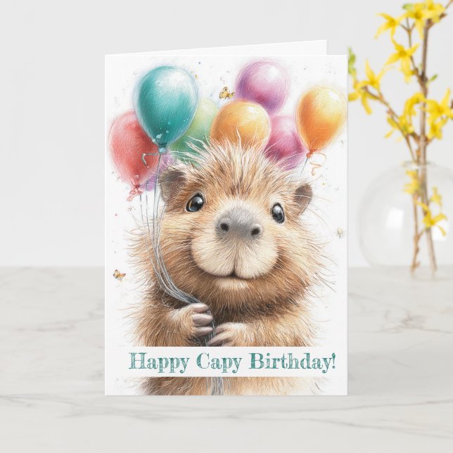 Cartão Capybara Birthday Card • Cute Balloon Design (Flor Amarela)