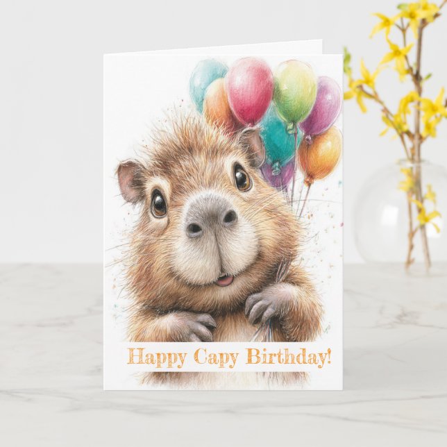 Cartão Capybara Birthday Card • Cute Balloon Design (Flor Amarela)
