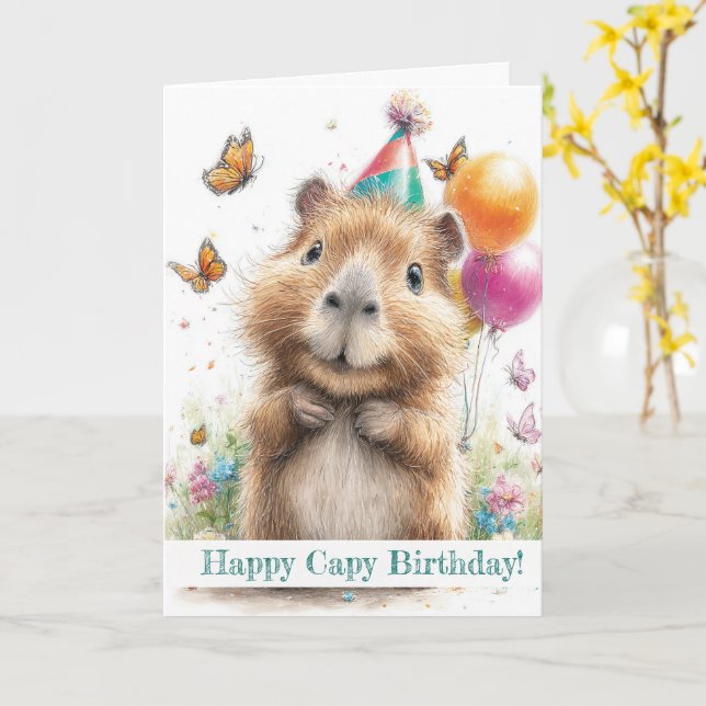 Cartão Capybara Birthday Card • Cute Balloon Design (Flor Amarela)