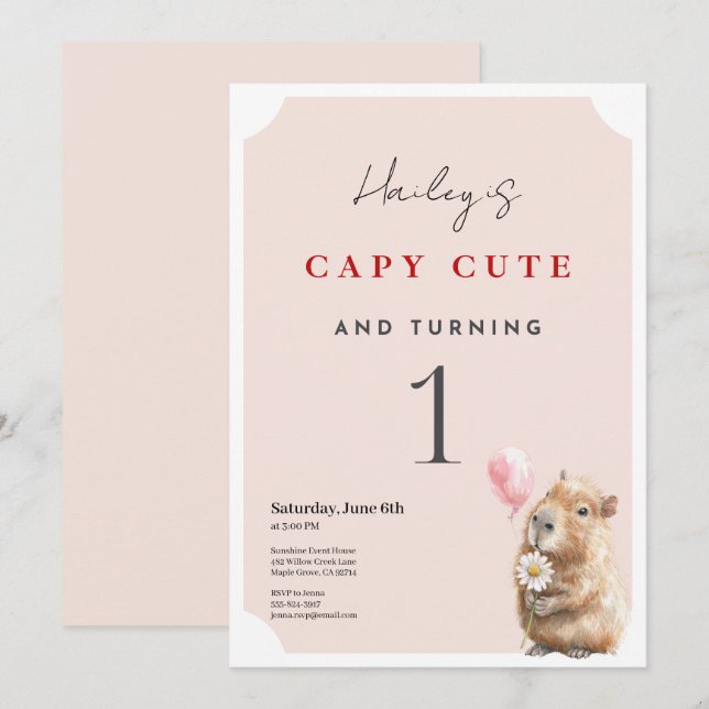 Cartão Capybara Birthday Invitation • First Birthday Part (Frente/Verso)
