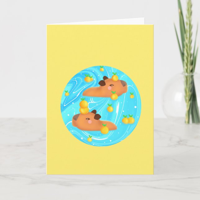 Cartão Capybaras Em Água Com Laranjas (Frente)