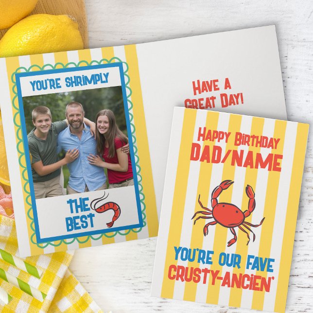 Cartão Caranguejo Engraçado Amalfi - Foto de Greve Amarel (funny birthday photo card with crab and crustacean themed dad jokes)