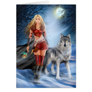 Cartão Card Winter Warrior Princess and  wolf