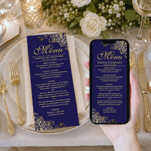 Cartão Cardápio de Casamento Elegante Azul Marinho e Dour