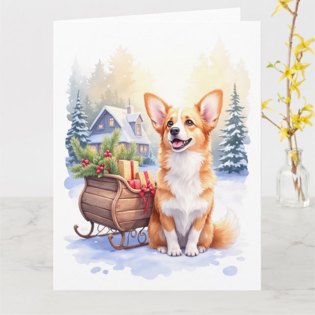 Cartão Cardigan Welsh Corgi Festive Sleigh Christmas Art (Flor Amarela)