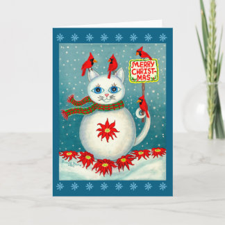 Cartão Cardinal de Natal Snowcat Pássaro Boneco de Neve P