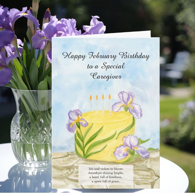 Cartão Caregiver Happy February Irises Birthday Cake (Criador carregado)