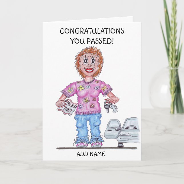 Cartão Caricatura de Mulher que Acaba de Passar no Exame  (Frente)