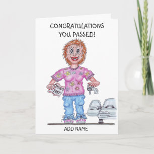 Cartão Caricatura de Mulher que Acaba de Passar no Teste 