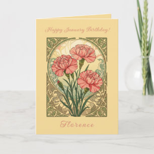 Cartão Carnations Rosa em Estilo Art Nouveau para Anivers