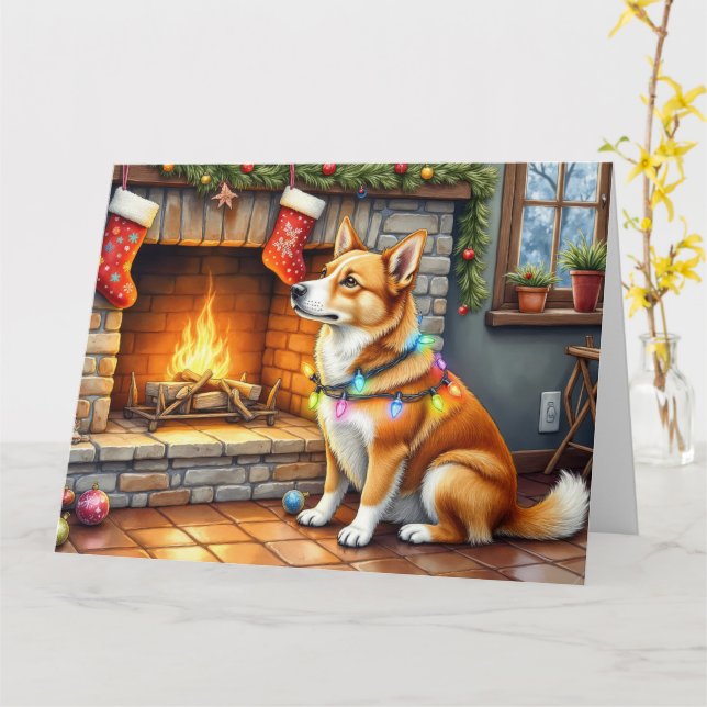 Cartão Carolina Dog Fireplace with Christmas Lights (Flor Amarela)