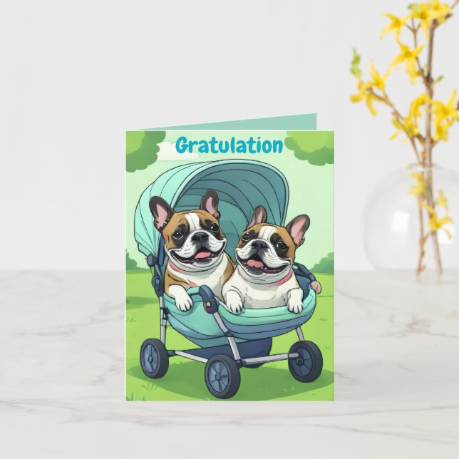 Cartão Carrinho de cachorro bulldog francês (Flor Amarela)