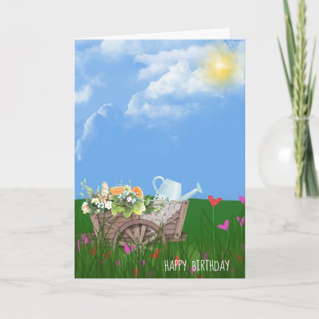 Cartão carrinho velho com flores de aniversário (Frente)
