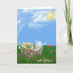 Cartão carrinho velho com flores de aniversário