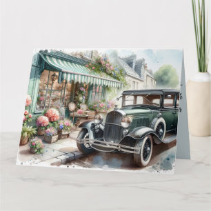 Cartão Carro Antigo e Charmosa Loja de Flores Aquarela