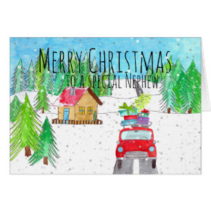 Cartão Carro de Sobrinho na Floresta de Neve Personalizáv