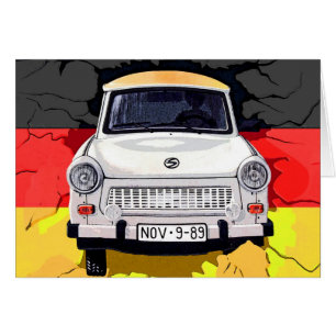Cartão Carro de Trabant e bandeira alemão, muro de Berli