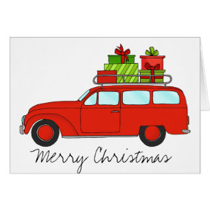 Cartão Carro Retro de Natal Feliz com Presentes