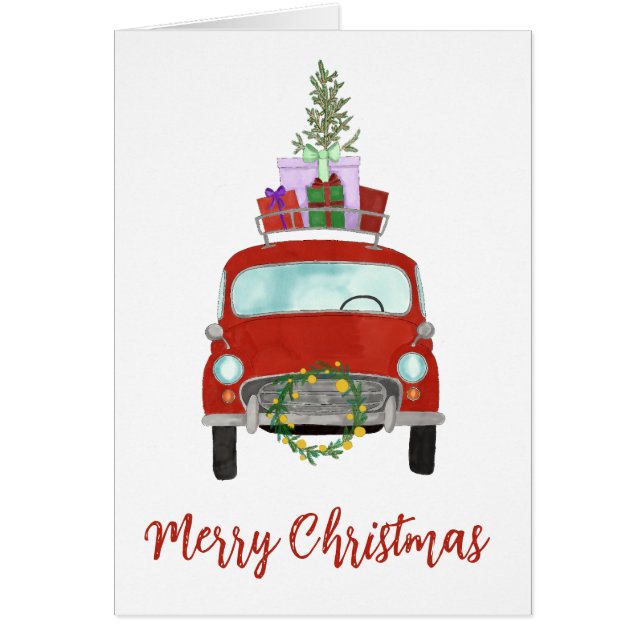 Cartão Carro Retro Vermelho com presentes de Natal (Frente)