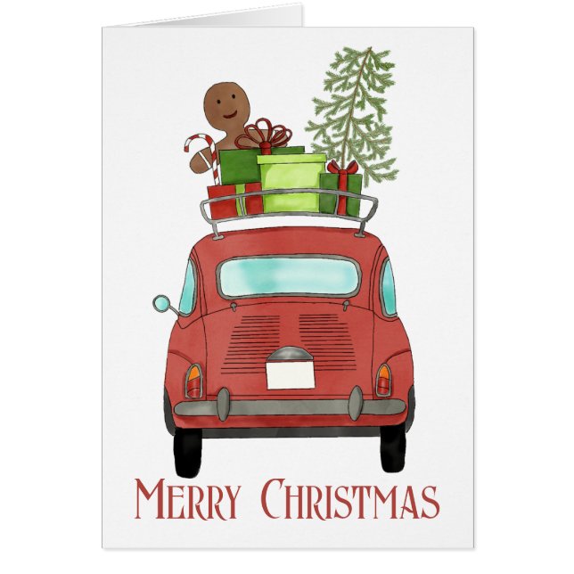 Cartão Carro vermelho com presentes de Natal (Frente)
