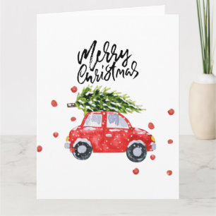 Cartão Carro vermelho feliz de Natal com árvore de Natal
