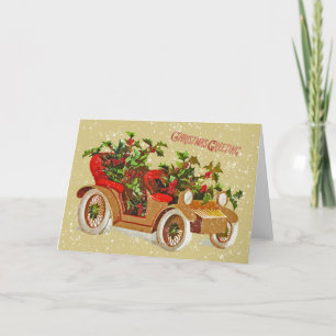 Cartão Carro vintage de Natal bonito Holly Snow Dourado
