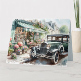 Cartão Carro vintage e Flor Encantador Compra Aquarela