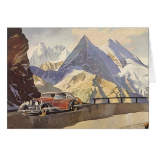 Cartão Carro vintage na Mountain Road no inverno com neve
