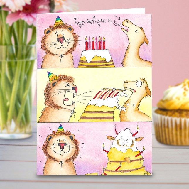 Cartão Carta de Aniversário do Llama VS Lion (Criador carregado)