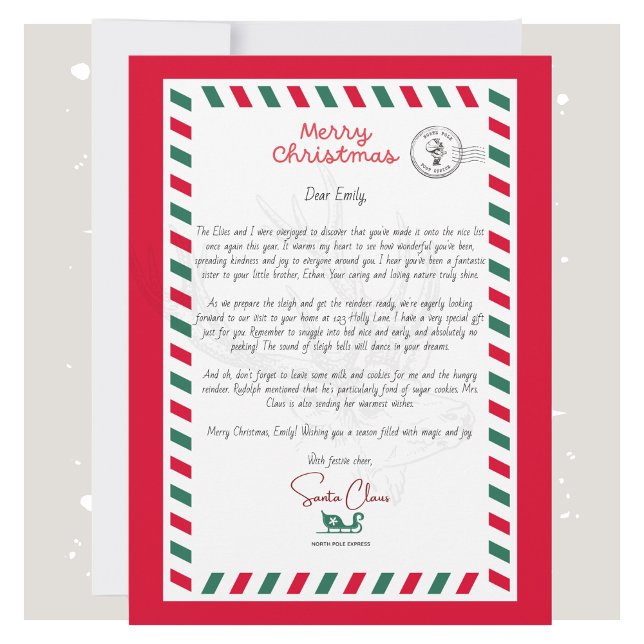 Cartão Carta de Papais noeis Personalizados para C (Personalized Santa Letter Christmas Card for Kids)
