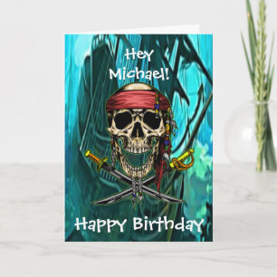 Cartão Carta do Capitão Caveira Pirata com Espadas Cruzad