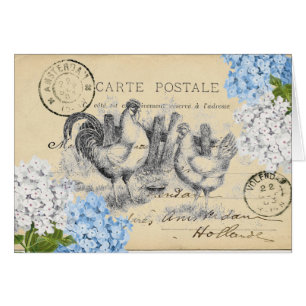 Cartão Cartão-postal Azul Flor Vintage Chickens