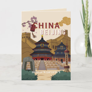 Cartão Cartaz de Viagem de Pequim China Ilustração Vint