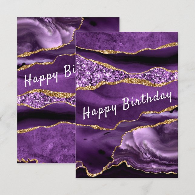 Cartão Carteira de Aniversário Agate Roxo Glitter Dourado (Frente/Verso)