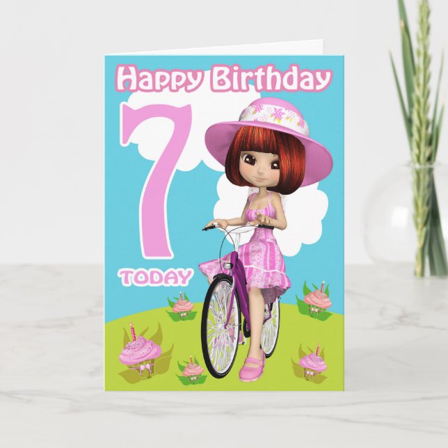 Cartão Carteira De Aniversário De 7 Bonito Menina Numa Bi (Frente)