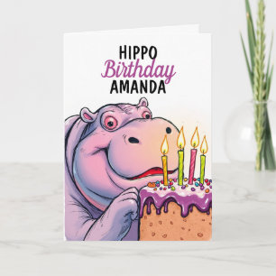 Cartão Cartografia Bolo Roxo Engraçado Hippo Aniversário