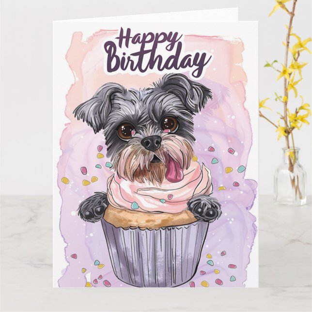 Cartão Cartoon Anime Schnauzer Cupcake Patas (Flor Amarela)