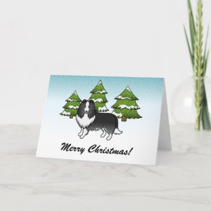 Cartão Cartoon Bi-Black Sheltie No Inverno E No Texto