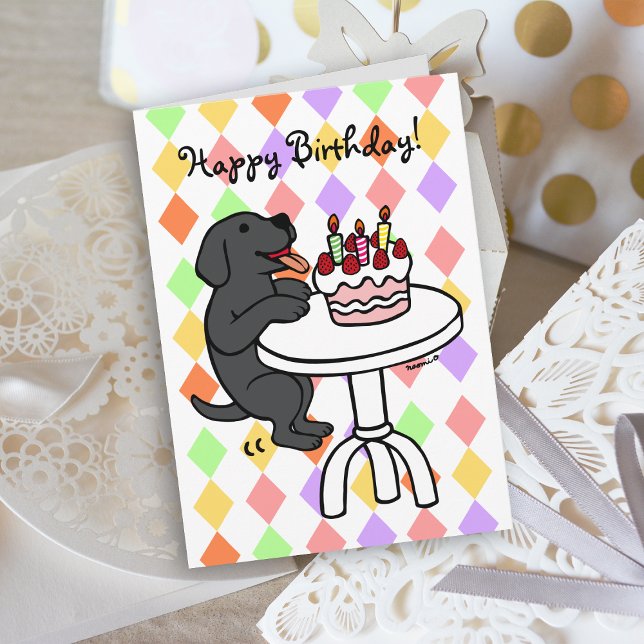 Cartão Cartoon Birthday Cake Black Labrador (Birthday Cake Black Labrador Cartoon Birthday Card with colorful background for dog lovers.)