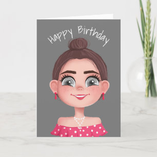 Cartão Cartoon Birthday Girl on Cinzas