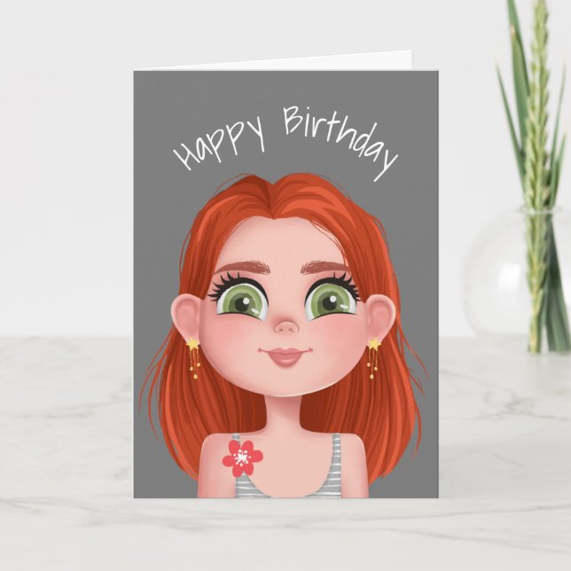Cartão Cartoon Birthday Redhead Girl On Cinza (Frente)