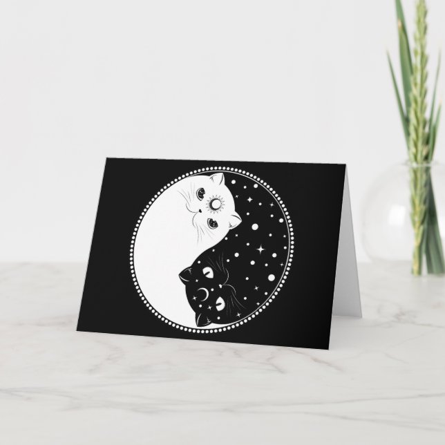 Cartão Cartoon Black and White cats yin yang sign (Frente)