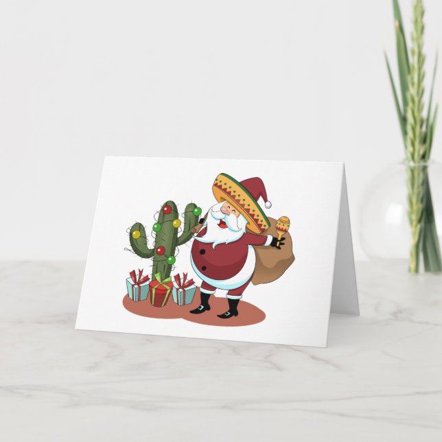 Cartão Cartoon cactus and Santa Claus wearing a sombrero (Frente)